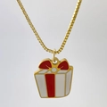 Golden box chain necklace featuring a red and white enamel gift box pendant charm - Ribbon Gift Box Style (Variant S)
