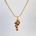 Festive gold necklace with red and white candy cane pendant and holly leaf charm - Red White Candy Cane Style (Variant L)