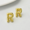 Polished gold minimalist stud earrings with puffed letter R design for women - Gold R
