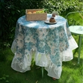Pastoral round tablecloth with teal floral prints and elegant white lace borders - 90 / Blue Oil Painting Jacquard Ruffle