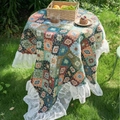 Bohemian round tablecloth with geometric patterns and elegant white lace ruffles - 90 / Green Rhombus Jacquard Ruffle