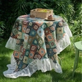 Boheems rond tafelkleed met groen jacquardpatroon en witte kanten ruches aan de rand - 90cmx90cm