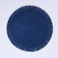 Modern navy blue round woven placemat with delicate fringe trim in bohemian style - Blue