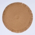 Modern woven round placemat with natural fiber texture and decorative fringe detail - Coffee