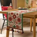 Runner da tavola bohémien con ricamo floreale, bordo verde e nappe colorate - 35X140cm / Floreale Rosa Con Nappe Rosse
