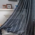 Black Nordic linen curtain with white stripe embroidery and elegant bottom tassels - Short Style / Rod Pocket