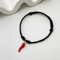 Adjustable black woven bracelet featuring a vibrant red chili cornetto charm - Italian Horn Style (2 Models 08-0175)