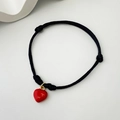 Handmade black woven rope bracelet featuring a glossy red heart charm with gold ring - Glossy Heart (6 Styles 08-0175)
