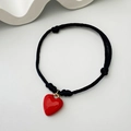 Handmade black braided rope bracelet featuring a polished red heart charm and gold ring - Glazed Red Heart (8 Styles 08-0200)