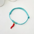 Handmade light blue woven cord bracelet with a glossy red chili pepper charm pendant - Blue Cord Chili (Style 14 08-0175)