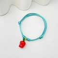 Handmade light blue woven bracelet with a small red chili pepper charm and gold accents - Blue Cord Small Chili (Model 15 08-0175)