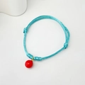 Handmade woven light blue string bracelet with a glossy red bead pendant and gold ring - Blue Cord Round Bead (Style 16 08-0175)