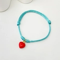 Handmade sky blue braided rope bracelet featuring a polished red heart charm and adjustable knots - Blue Cord Enamel Heart (Style 18 08-0175)
