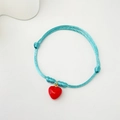 Handmade woven sky blue cord bracelet with a glossy red heart pendant and gold metal ring - Blue Rope Glazed Heart (Style 20 08-0175)