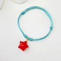 Handmade light blue woven bracelet with a glossy red star pendant and adjustable knots - Blue Cord Five-pointed Star (Style 22 08-0175)