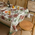 Cream floral jacquard tablecloth with vintage roses and elegant green wavy borders - Jacquard Crimson Rose Green Border / 140-100