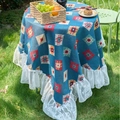 Rond tafelkleed in etnische stijl donkerblauw met geometrische patronen en kant - 140x180cm / Blauwe Badge Stijl
