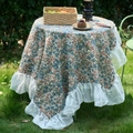 Pastoraal rond bloemen tafelkleed met rood blauwe prints en brede witte kanten randen - 90-90 / Kleine Blauwe Bloem Stijl