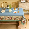 Sky blue bohemian rectangular tablecloth with colorful floral woven patterns for dining - Jacquard Blue with Floral Edge