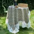 Beige floral tablecloth with white lace ruffle edges for outdoor garden table decor - 100-140 / Jacquard Bouquet