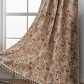 Floral French vintage cream curtain with white fringe edge and botanical pattern print - 150x160cm / Jacquard Maple Forest (Rod Pocket)