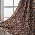 Vintage floral curtain in brown with blue patterns and white decorative tassels - Jacquard Red Meadow Rice Broom Handle / Custom Size