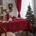 Red Christmas tablecloth with green tree prints and red pompom fringe for dining room - 140-260 / Bronzing Red Green Tree with Red Pompom