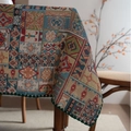 Ethnic bohemian tablecloth with jacquard weave and vintage patchwork pattern in green - 60cmx60cm / Jacquard Green Badge Patterns with Green Scalloped Edge