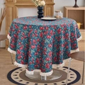 Round deep teal tablecloth with red apple prints and off-white tassel edges - 150cm Round / Jacquard Cherry White Tassel
