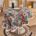 Vintage round floral tablecloth with blue and red peony patterns and white fringe edge - Round 150cm / Kapok Flower Jacquard (Kapok Flower White Fringe)