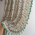 Green Christmas holly leaf pattern table cloth with tassels on beige linen fabric - Rod Pocket Style / 150x220