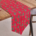 Red Christmas table runner with green gold trees on solid wood dining table - Foil Red Base Green Tree Double Pointed / Table Runner 30-120