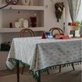 Rectangle Christmas tablecloth with green pine tree prints and tassel fringe trim - 140-260 / Gilded White Base Green Pine Green Tassel