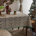 Christmas holly leaf tablecloth with red berries and green tassel fringe on beige fabric - 100-140 / Bronzing White Berry with Green Tassel