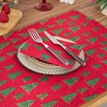 Christmas table mat and napkin set with festive red background and green tree prints - Gold Stamping Red Bottom Green Tree Style