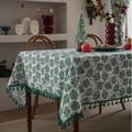 Rectangle Christmas tablecloth with holly leaf print and elegant green tassel fringe - 100-140 / Bronzing White Snowdrop with Green Tassel