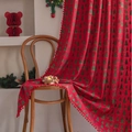 Red Christmas cafe curtain with green tree patterns and decorative red pompom fringe - 150x220cm / Bronzing Red Green Xmas Tree Pom-pom Rod Pocket