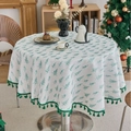 Round white tablecloth with green pine tree print and tassel trim for dining table - White Green Pine Needle (Green Tassel)