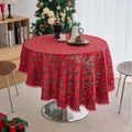 Red Christmas round tablecloth with green tree prints and red pom-pom fringe edges - Red Christmas Tree (Red Pom-pom)