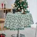 Round Christmas tablecloth with green pine needle prints and elegant fringe tassels - Gold Stamping Snowflake (Green Tassels)