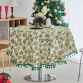 Round Christmas tablecloth with pine branch print and green tassels for festive dining - Gold Stamping Holly Leaves (Green Tassels)