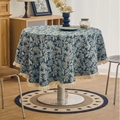 Round tablecloth featuring blue floral patterns and white fringe edge for home dining - Round 150cm / Blue Water Grass (Blue Seaweed White Fringe)