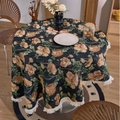 Round floral tablecloth with warm orange flowers, black base, and white fringe trim - Round 150cm / Black Yellow Flower (Jacquard Yellow Flower Black Fringe)
