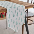 Beige cotton linen Christmas table runner with green pine tree prints on wooden table - Double Layer Pointed End / 30x92cm / Bronzed White Green Tree