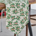 Christmas table runner with green holly leaves and red berries on beige linen fabric - Foil Holly Leaf Double Pointed / Table Runner 30-92