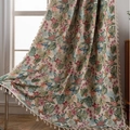 Cortina de jacquard con motivos de flores y mariposas y elegantes borlas de flecos crema - Estilo de bolsillo de varilla / 150x160cm