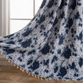 Blue floral jacquard curtains with tassels on beige linen fabric for window decor - Standard Size (150-160)