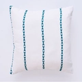 Modern white geometric cushion cover with teal embroidered leaf patterns on canvas - Green