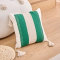 Boho green and white striped cushion cover with woven details and ivory corner tassels - Side Green White Tassels