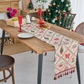 Weihnachtstischläufer mit roten Schleifen, Jacquard-Mustern und Fransen-Quasten - Schleife Rote Quaste (Jacquard Goldfaden) / Kurzer Läufer